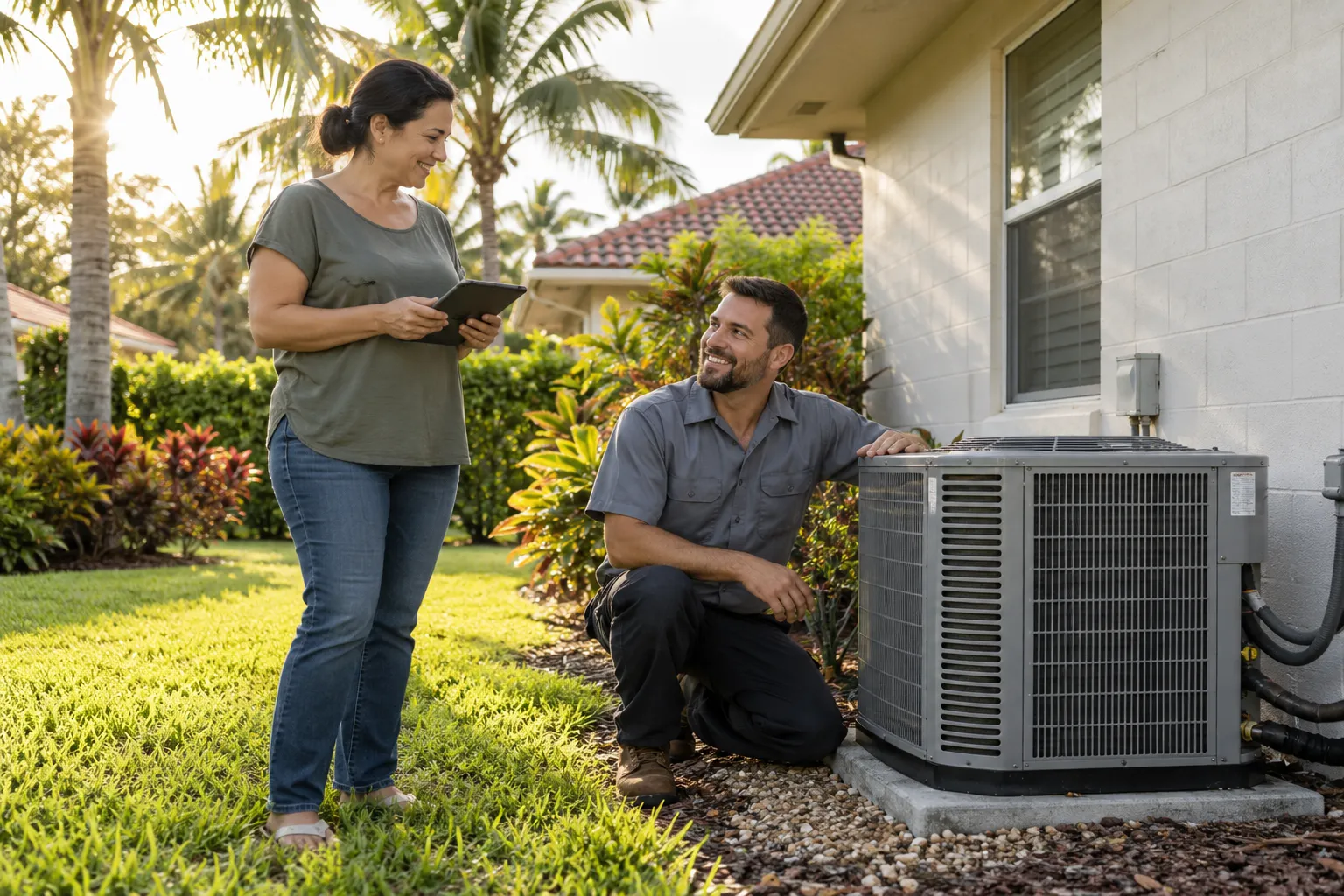 A friendly local provider checking the outdoor AC unit of a single-story block home in the Tarpon Springs area while a homeowner looks on