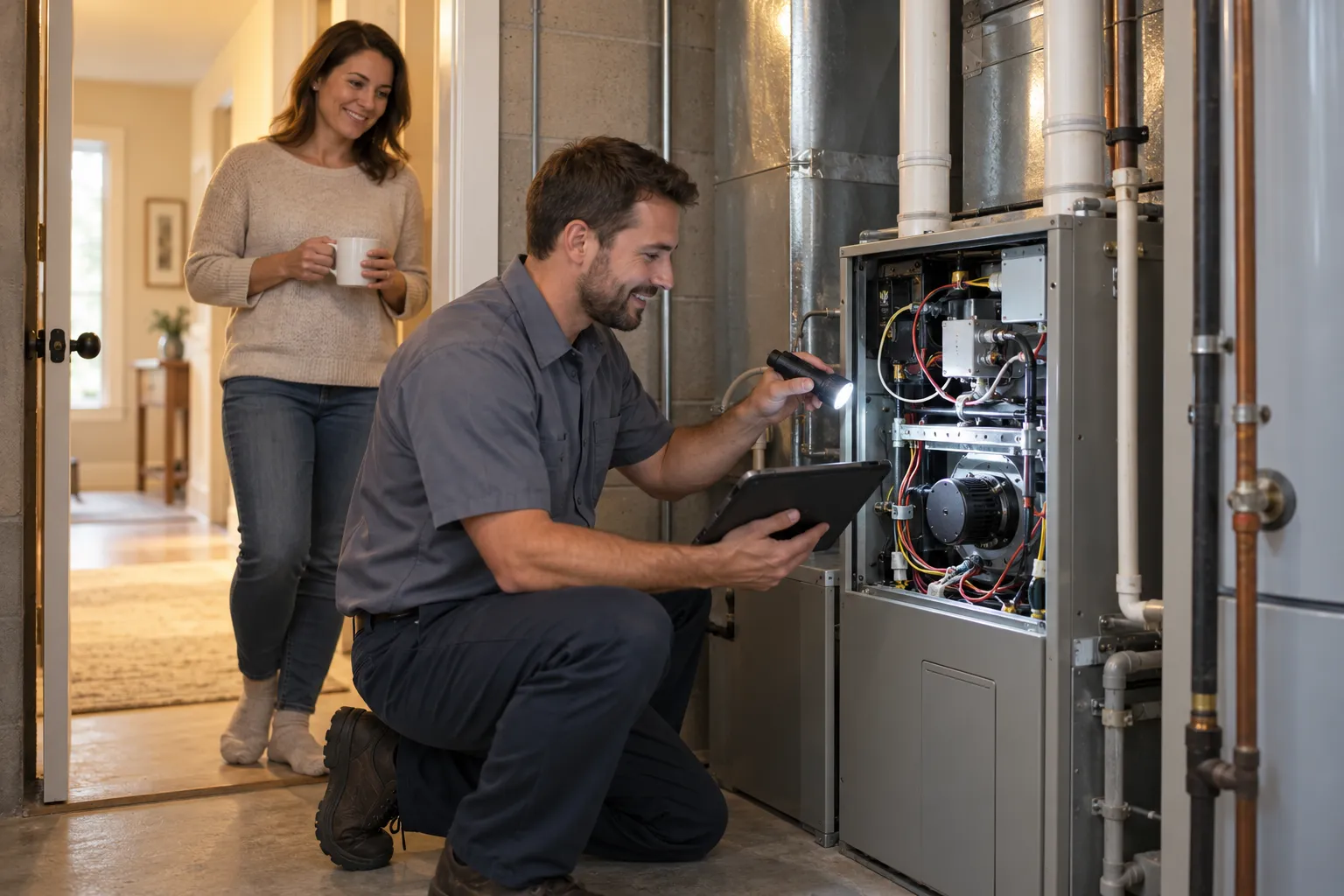 Friendly provider checking a home furnace while a homeowner looks on near Tarpon Springs