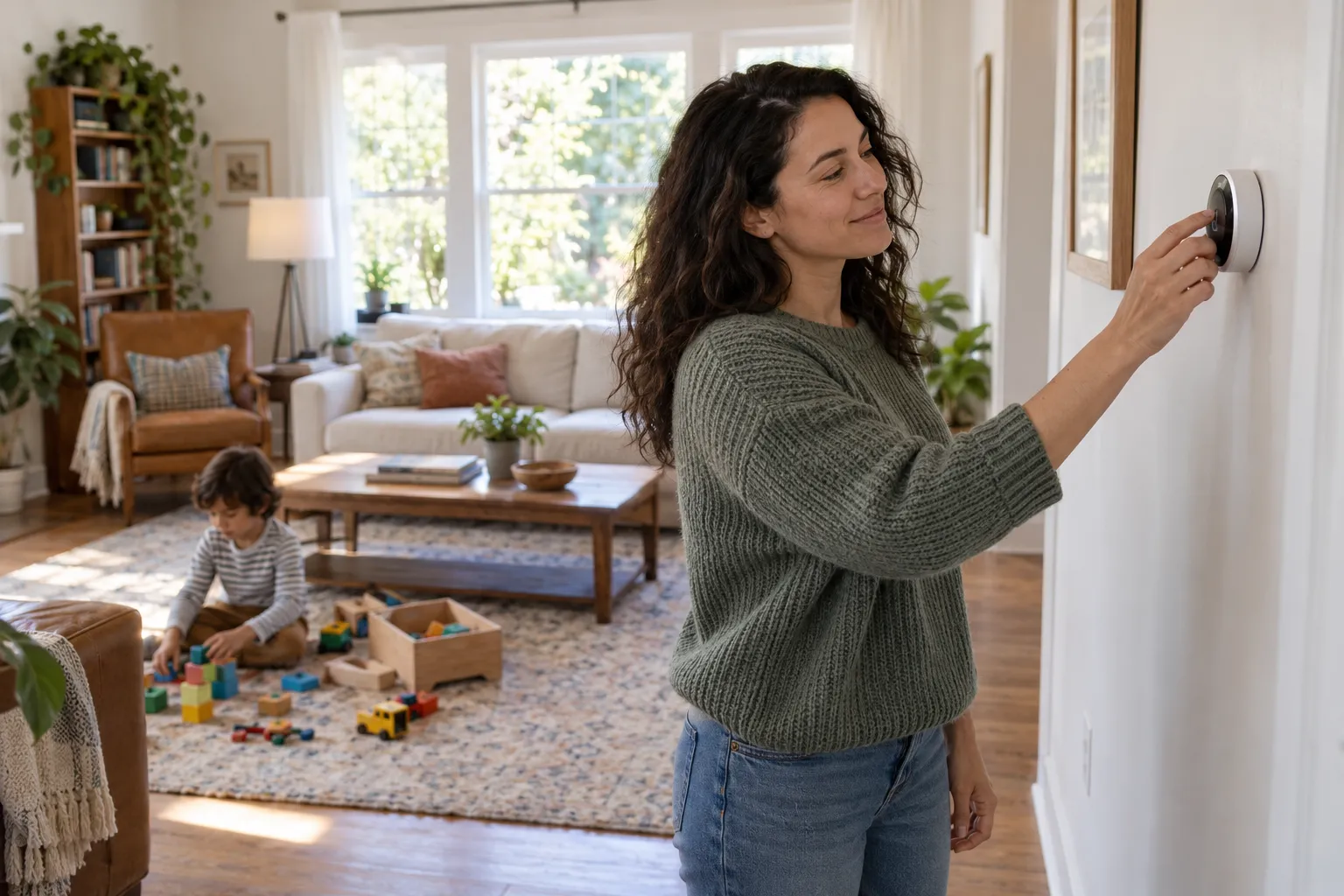A homeowner checking a thermostat in a Tarpon Springs living room