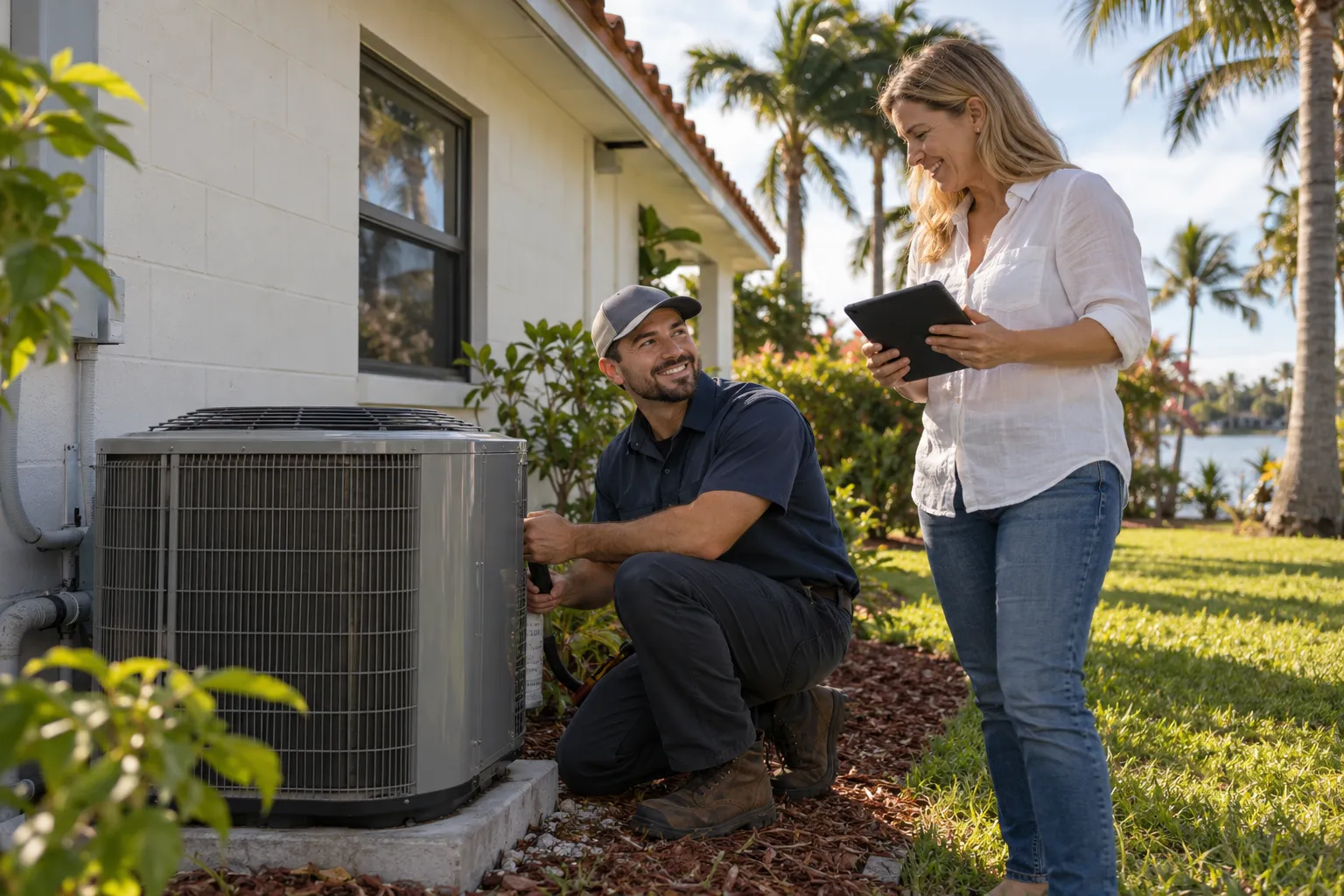 A friendly HVAC provider checking an outdoor AC unit beside a block home in Tarpon Springs